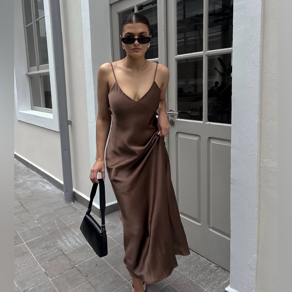 Zara Chocolate Bronw Satin Slip Maxi Dress Wedding Evening Elegant Gown XS/M